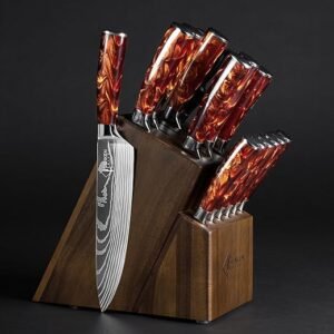 SENKEN 16-Piece Natural Acacia Wood Kitchen Knife Block Set - Japanese Chef's Knife Set with Laser Damascus Pattern, Includes Steak Knives, Kitchen...