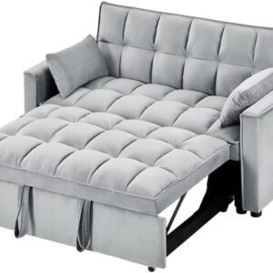 Sleeper Sofa Couch W/Pull Out Bed, 55" Velvet Convertible Sleeper Sofa Bed, W/Pillows & Side