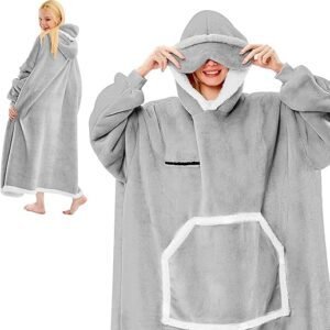 Wearable Blanket Hoodie, Oversized Sherpa Fleece Hooded Sweatshirt with Eye Mask, Cozy and Giant Blanket Hoodie with Sleeves Extra Long for Adults...