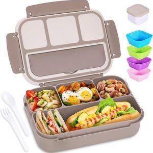 Bento Box Adult Lunch Box, Containers for Adults Men Women with 4 Compartments, Lunchable Food Container with Utensils, Sauce Jar, Muffin Liners,...