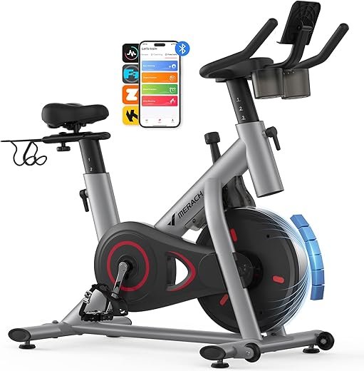 MERACH Exercise Bike, Brake Pad Stationary Bike with Exclusive App, Low Noise Indoor Cycling Bike with 300lbs Weight Capacity, Tablet Mount and...