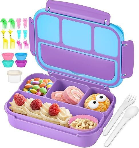 QQKO Bento Lunch Box for Kids Girls Boys, Toddler Kids Lunch Boxes for School, Lunch Containers for Adults with 4 Compartments, Sauce Container,...