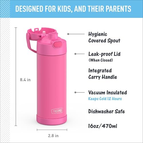 THERMOS FUNTAINER 16 Ounce Stainless Steel Vacuum Insulated Bottle with Wide Spout Lid, Neon Pink - Image 2
