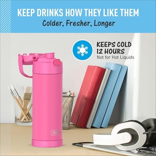 THERMOS FUNTAINER 16 Ounce Stainless Steel Vacuum Insulated Bottle with Wide Spout Lid, Neon Pink - Image 5