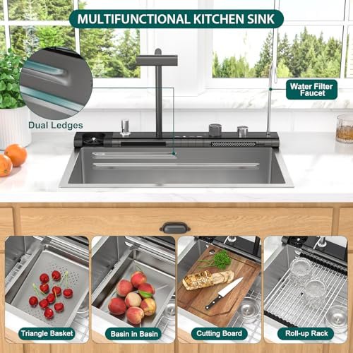 30 Inch Luxury Waterfall Kitchen Sink - Multifunctional Workstation Topmount Smart Kitchen Sink with Digital Display 16 Gauge Stainless Steel... - Image 4