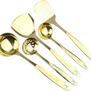 5-Piece Pure Copper Kitchen Cooking Utensils Set, Stylish Copper Kitchen Accessories, Cookware Set for Home or Restaurant Cooking (Brass)
