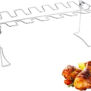 BBQ Grill Rack 14 Slots Stainless Steel Barbecue Drumsticks Holder Oven Roaster Stand with Drip Pan Tools(D)