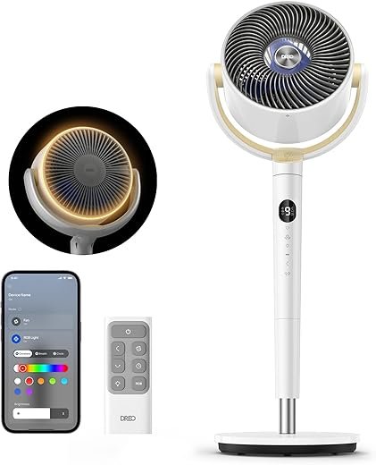 Dreo Smart Fan for Bedroom, 120° +120° Omni-Directional Oscillating Fans, 90ft Quiet Pedestal Fan with RGB Light, 9 Speeds, 6 Modes, 20dB, 8H...