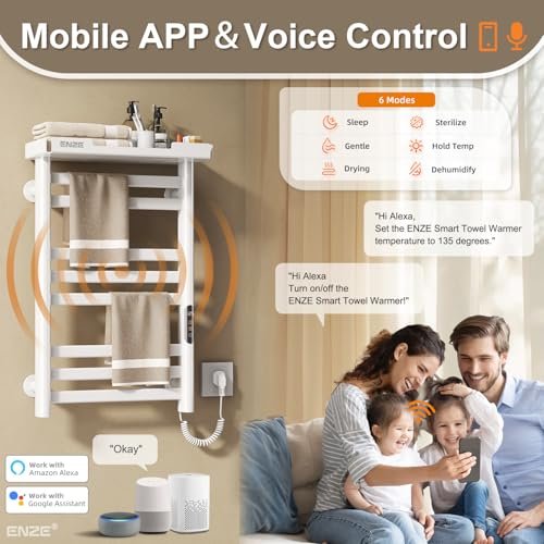 ENZE Smart Heated Towel Rack, 8-Bar Wall-Mounted Electric Towel Warmer with Shelf, Wi-Fi App Control, Adjustable Temperature & 24H Timer, Low... - Image 2