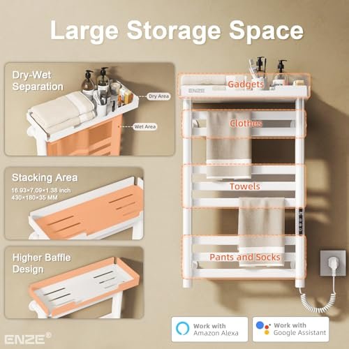 ENZE Smart Heated Towel Rack, 8-Bar Wall-Mounted Electric Towel Warmer with Shelf, Wi-Fi App Control, Adjustable Temperature & 24H Timer, Low... - Image 3
