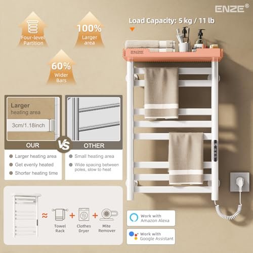 ENZE Smart Heated Towel Rack, 8-Bar Wall-Mounted Electric Towel Warmer with Shelf, Wi-Fi App Control, Adjustable Temperature & 24H Timer, Low... - Image 4