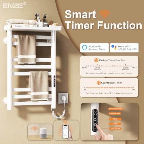 ENZE Smart Heated Towel Rack, 8-Bar Wall-Mounted Electric Towel Warmer with Shelf, Wi-Fi App Control, Adjustable Temperature & 24H Timer, Low... - Image 5