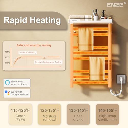 ENZE Smart Heated Towel Rack, 8-Bar Wall-Mounted Electric Towel Warmer with Shelf, Wi-Fi App Control, Adjustable Temperature & 24H Timer, Low... - Image 6