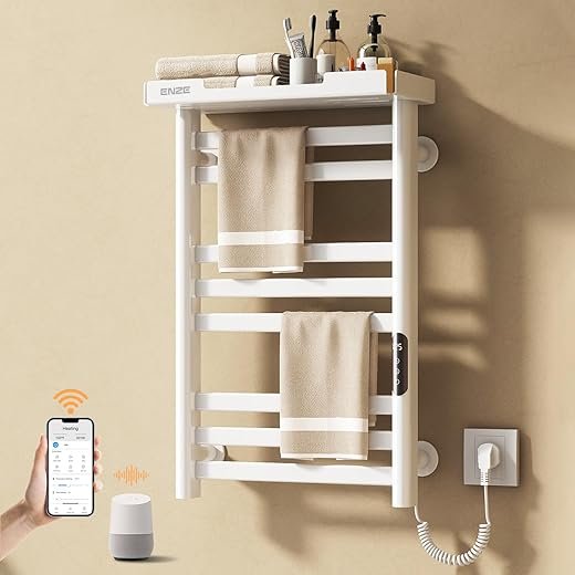 ENZE Smart Heated Towel Rack, 8-Bar Wall-Mounted Electric Towel Warmer with Shelf, Wi-Fi App Control, Adjustable Temperature & 24H Timer, Low...