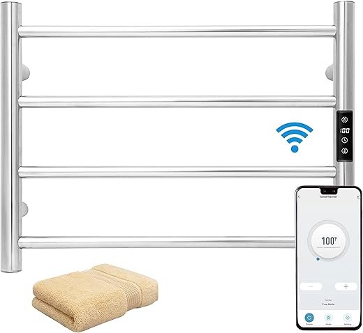 KEG Smart WiFi Towel Warmer Wall Mounted with Built-in Timer and Temperature Adjust Control, 4 Bars Electric Stainless Steel Heated Towel Racks for...