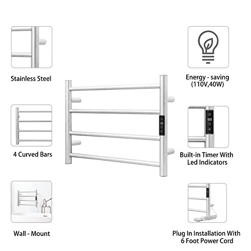 KEG Smart WiFi Towel Warmer Wall Mounted with Built-in Timer and Temperature Adjust Control, 4 Bars Electric Stainless Steel Heated Towel Racks for... - Image 4