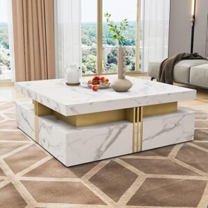 Square Faux Marble Coffee Table - 43.3" Large Square Coffee Table with 4 Storage Drawers & Faux Marble Texture, Luxury Tea Table with Gold Accent,...